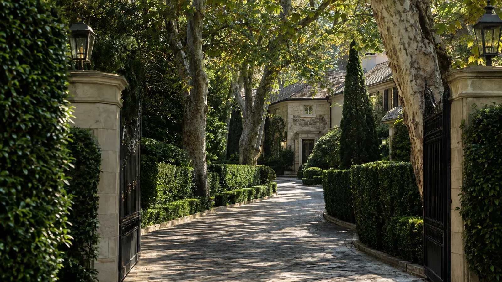 Gated sycamore-lined driveway to a Bel Air estate