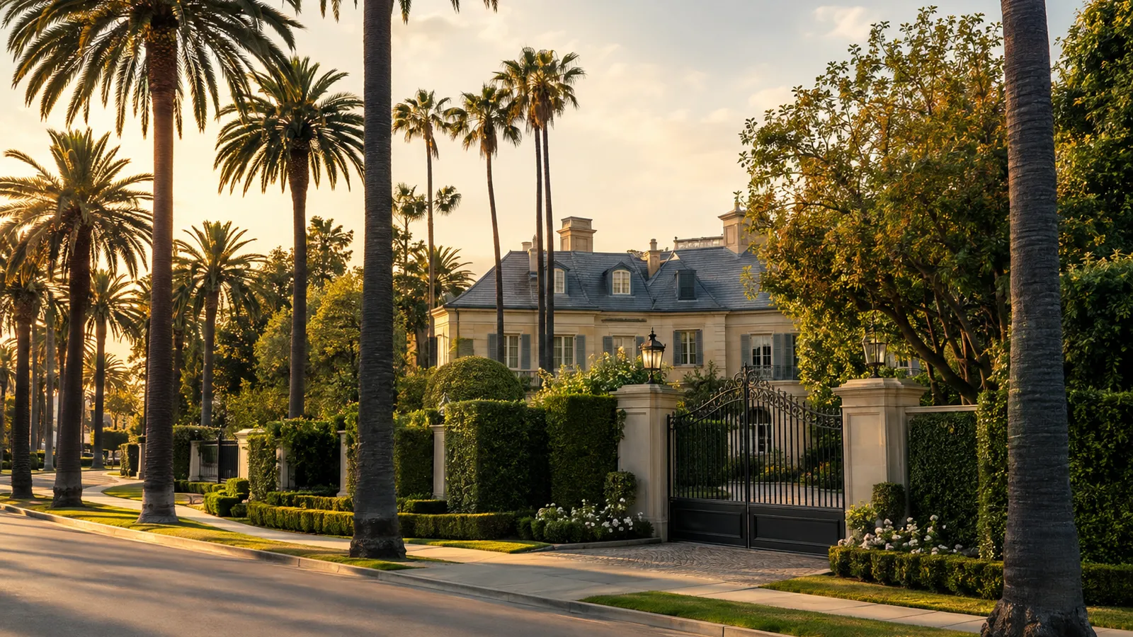 Palm-lined Beverly Hills street with a gated estate at golden hour