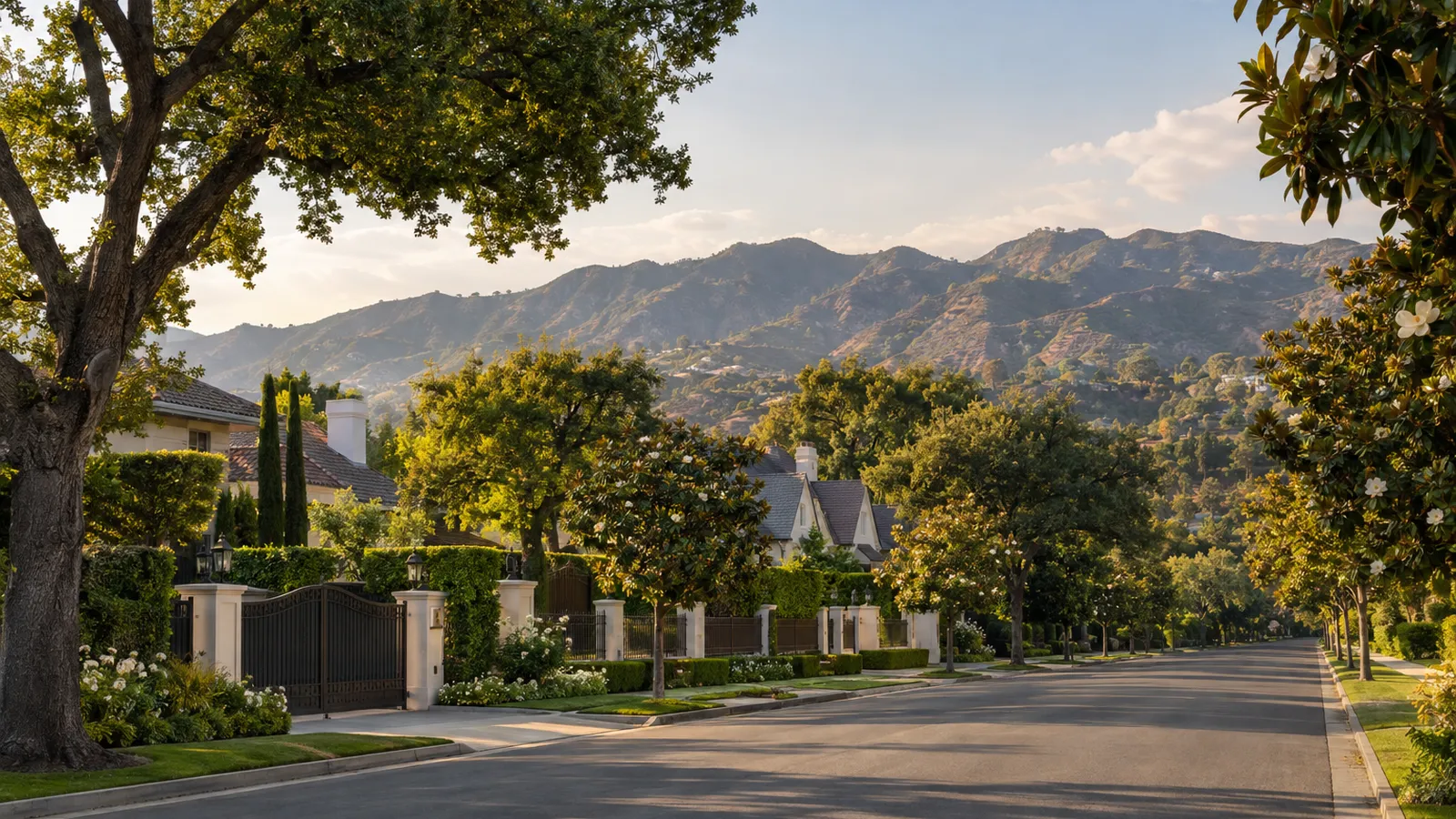 Encino street of gated homes with the Santa Monica Mountains behind