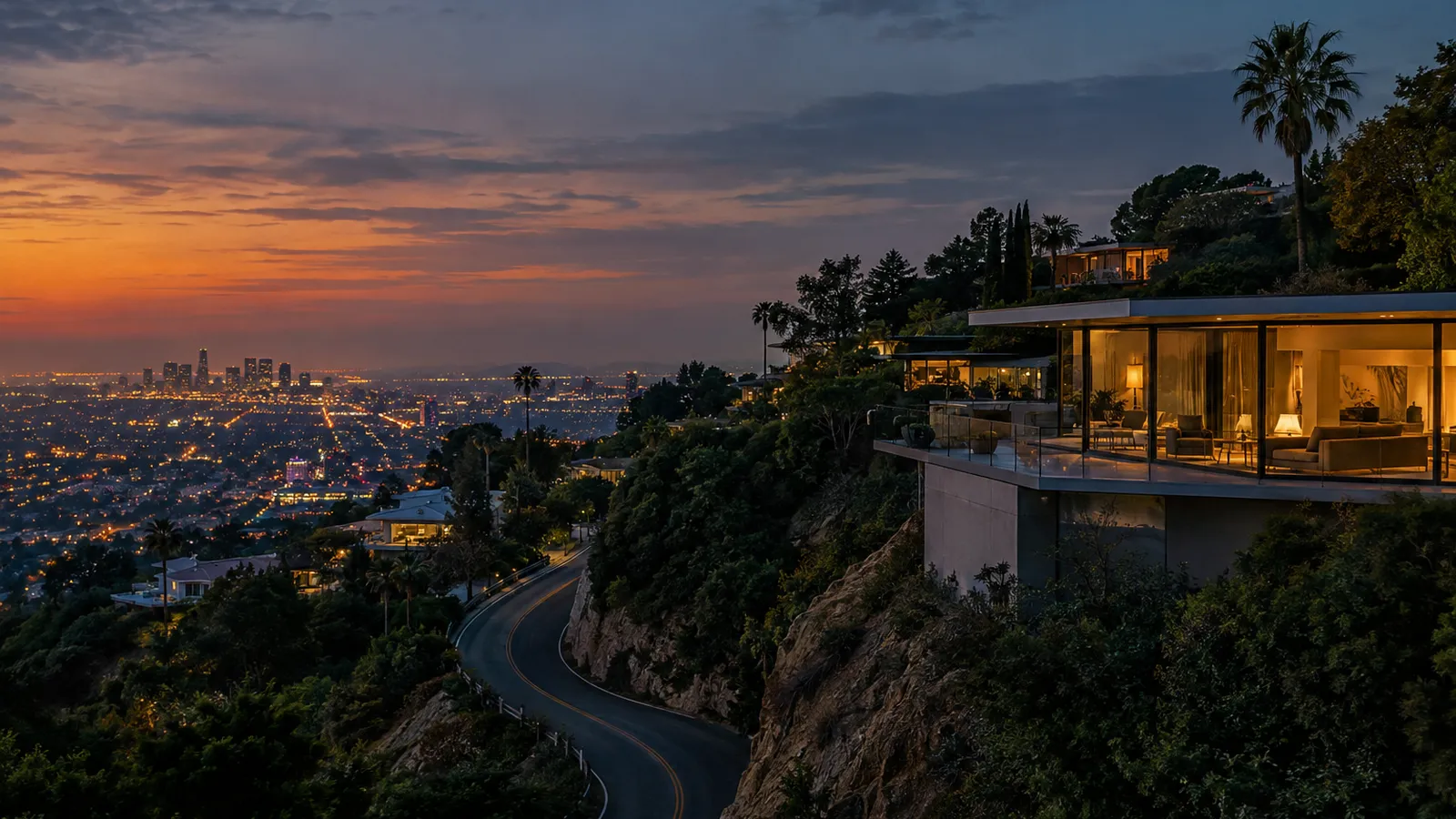 Glass home on a Hollywood Hills canyon road above the city lights