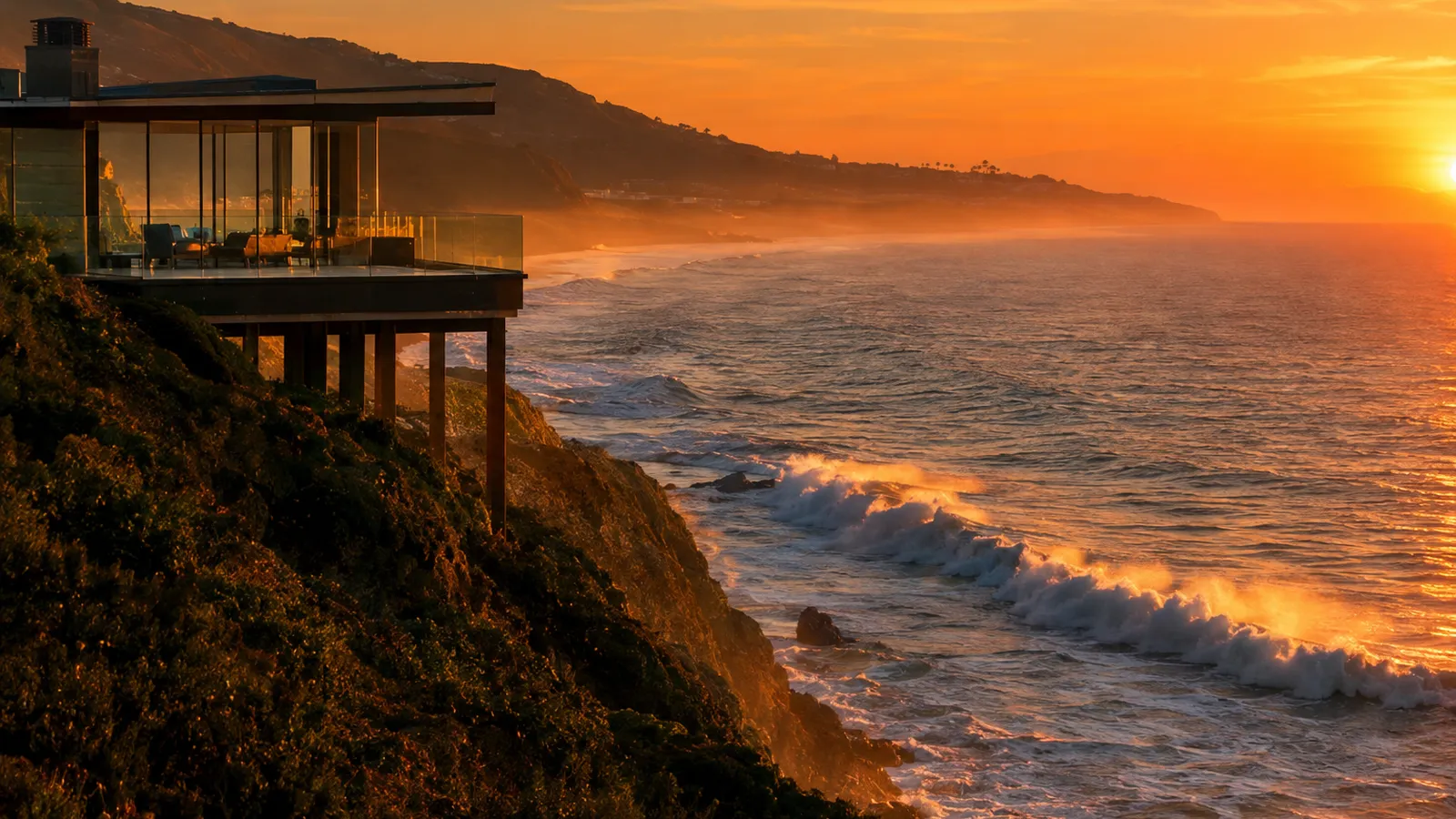 Malibu glass beach house above breaking surf at sunset