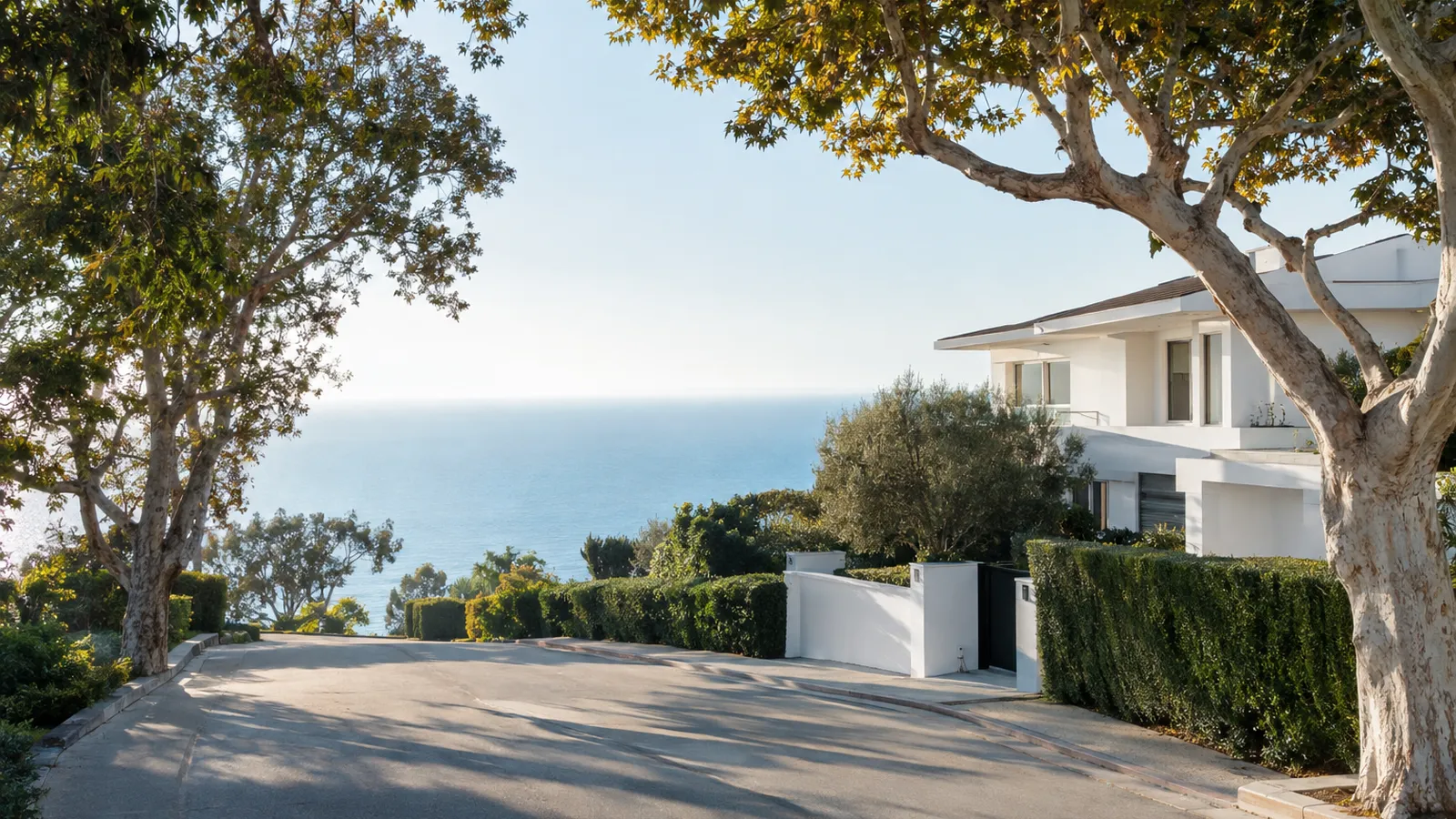Pacific Palisades bluff street with the ocean beyond