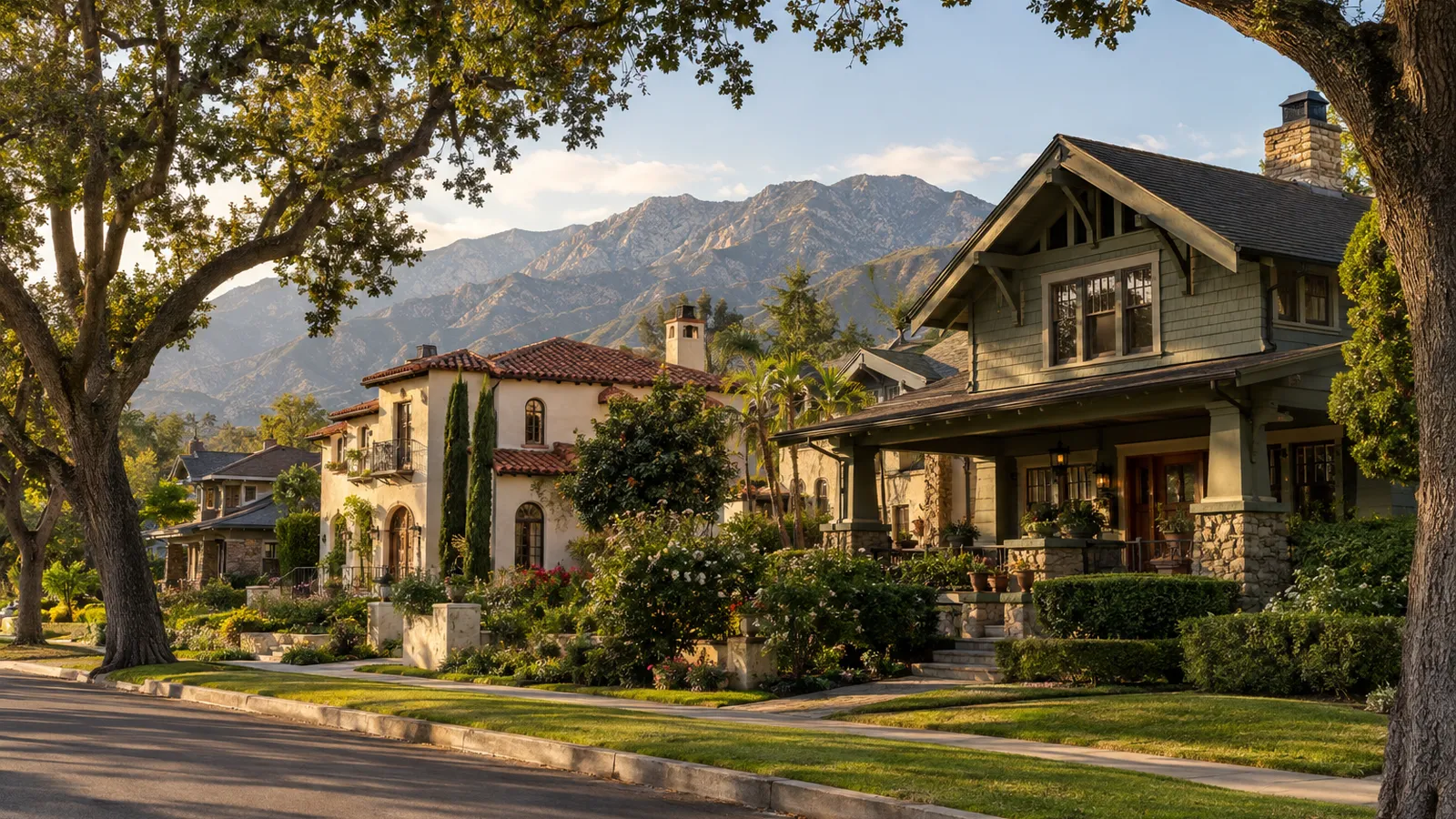 Pasadena Craftsman homes on an oak-shaded street below the San Gabriels