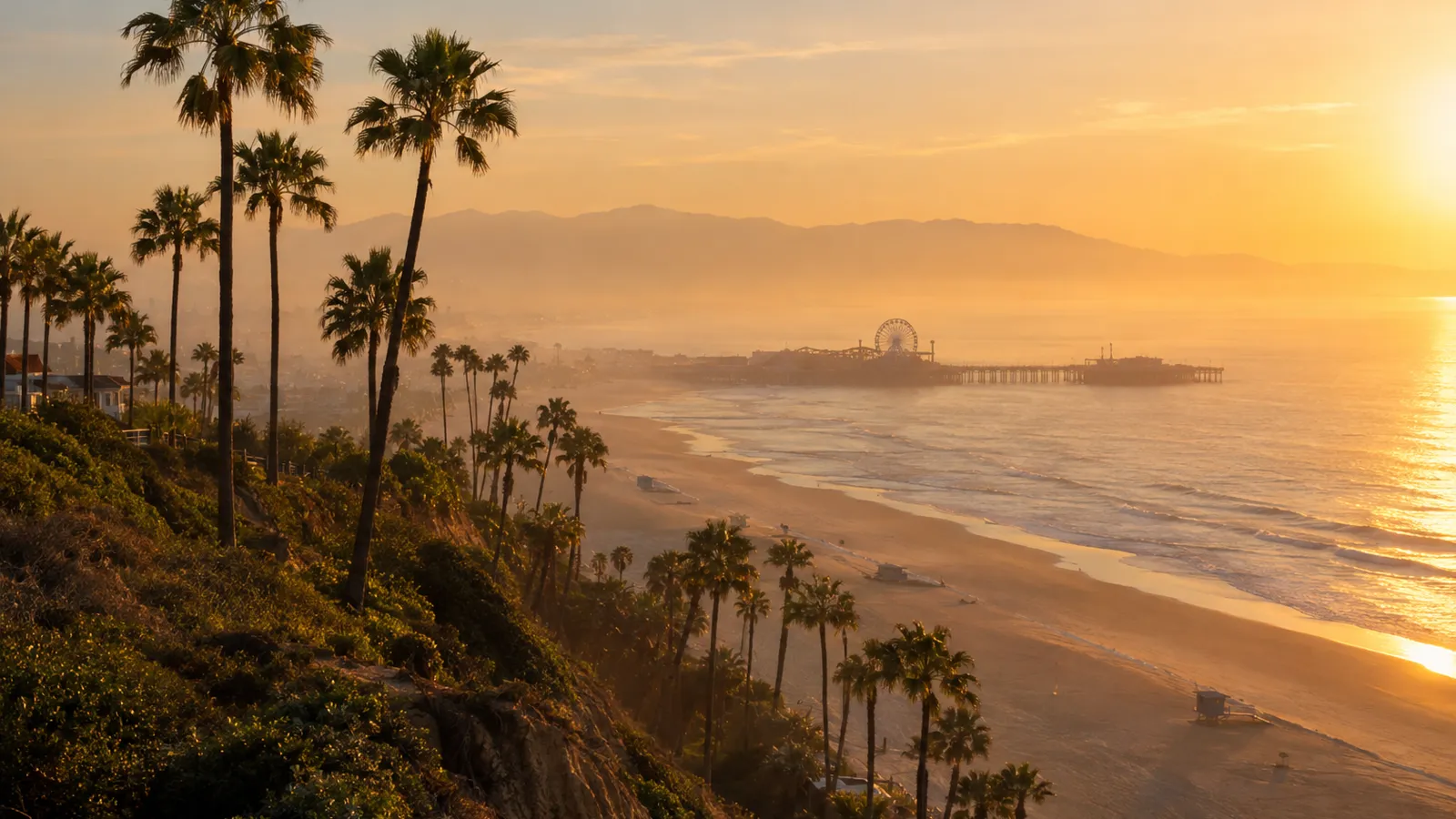 Santa Monica coastline and pier at golden hour
