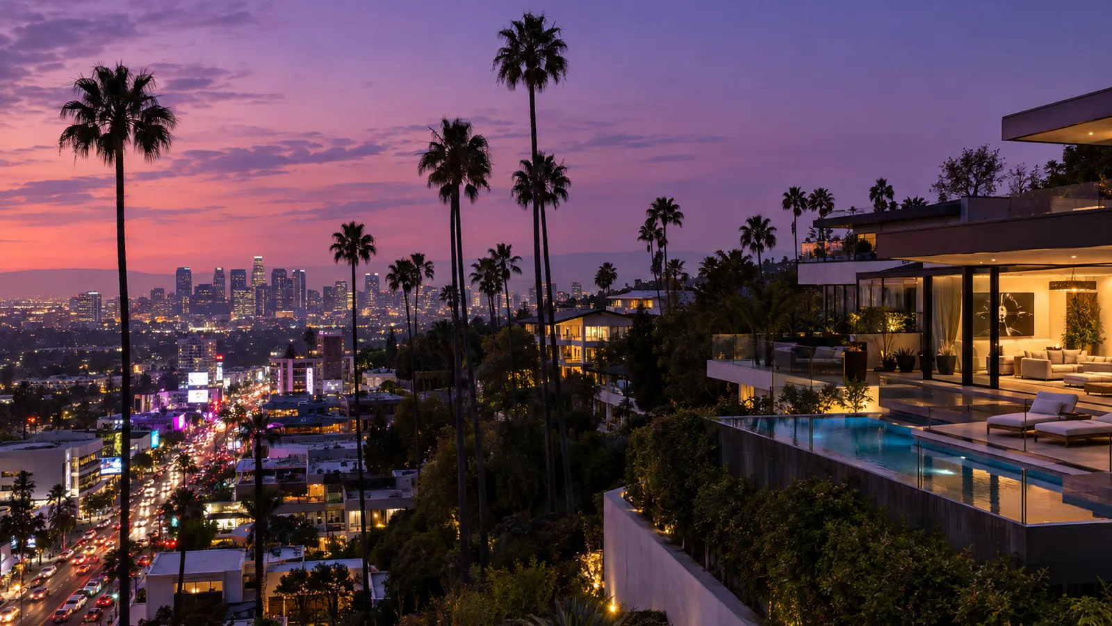 West Hollywood hillside homes above the Sunset Strip at dusk